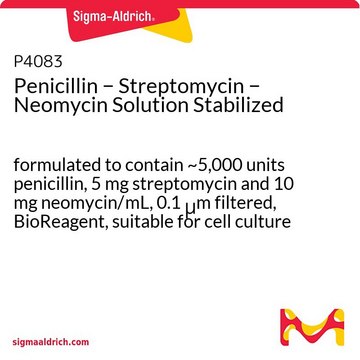 Penicillin &#8722; Streptomycin &#8722; Neomycin Solution Stabilized formulated to contain ~5,000 units penicillin, 5 mg streptomycin and 10 mg neomycin/mL, 0.1 &#956;m filtered, BioReagent, suitable for cell culture