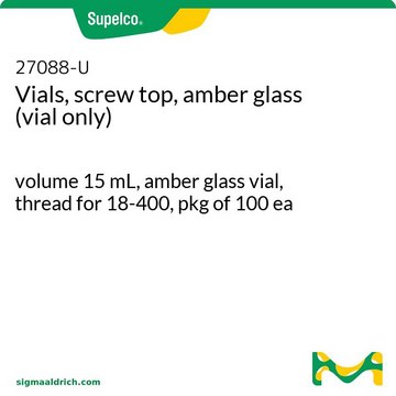 Vials, screw top, amber glass (vial only) volume 15&#160;mL, amber glass vial, thread for 18-400, pkg of 100&#160;ea