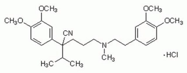 (Â±)-Verapamil, Hydrochloride A papaverine derivative that blocks Ca2+ channels (principally the L-type) in smooth and cardiac muscle cells.