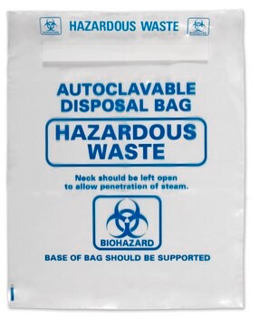 Autoclave disposal bags H × W × thickness 810&#160;mm × 610&#160;mm × 2.0&#160;mm, transparent polypropylene (with blue biohazard labeling )