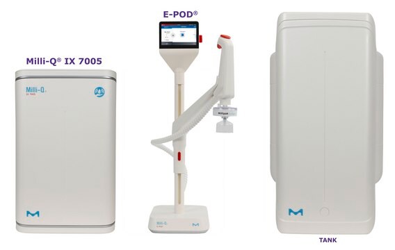 Sistema per l’acqua pura Milli-Q&#174; IX con erogatore E-POD&#174; output: type 2 water (> 5&#160;M&#937;·cm), input: potable tap water, The most advanced pure water system for the production of Elix&#174; quality water at a flow rate of 5 L/h, with E-POD&#174; pure water dispenser.