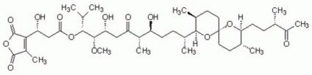 Tautomycin, Streptomyces spiroverticillatus Tautomycin, CAS 109946-35-2, is a potent inhibitor of protein phosphatase 1, 2A, and smooth muscle endogenous phosphatase (IC&#8325;&#8320; = 1 nM, 10 nM, and 6 nM, respectively). Mixture of two isomers.