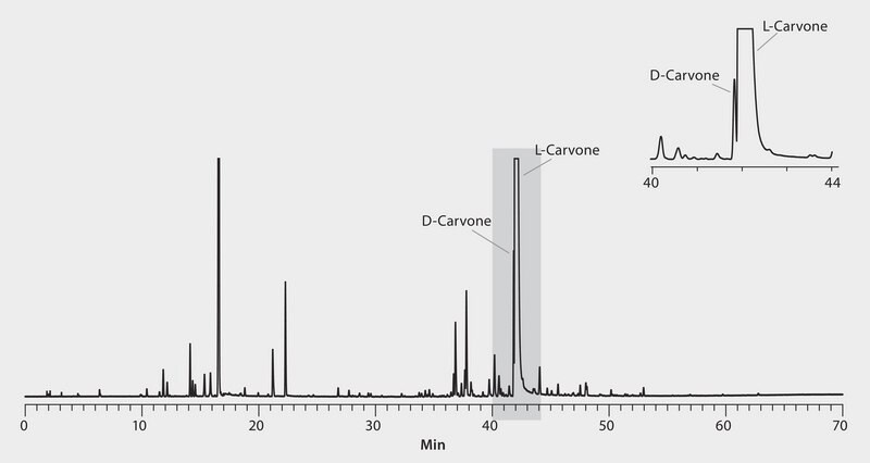 GC Analysis of D &amp; L-Carvone Enantiomers in Scotch Spearmint Essential Oil (Spiked with D-Carvone Enantiomer) on Astec&#174; CHIRALDEX&#8482; G-TA suitable for GC