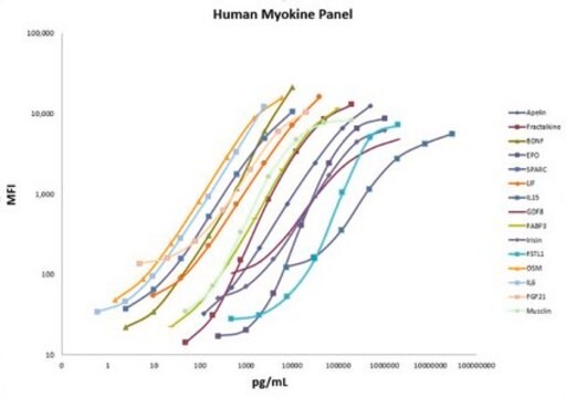 Gruppo di microsfere magnetiche per miochine umane MILLIPLEX&#174; The Human Myokine Panel, using the Luminex xMAP technology, enables the simultaneous analysis of 15 myokine protein biomarkers in human serum, plasma and cell/tissue culture samples.