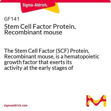 Stem Cell Factor Protein, Recombinant mouse The Stem Cell Factor (SCF) Protein, Recombinant mouse, is a hematopoietic growth factor that exerts its activity at the early stages of hematopoiesis.