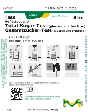 Gesamtzuckertest (Glucose und Fructose) reflectometric, 65-650&#160;mg/L (total sugar test - glucose and fructose), for use with REFLECTOQUANT&#174;