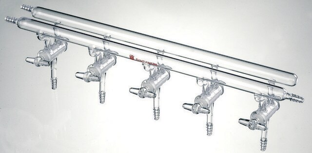 Synthware&#8482; all-glass vacuum/inert gas manifold with solid high vacuum stopcocks number of ports, 3, Hose Connections: Front-left-right, Rear-left