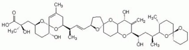 Okadainsäure, Prorocentrum sp. Okadaic Acid, CAS 78111-17-8, is a highly potent inhibitor of protein phosphatase 1 (IC&#8325;&#8320; = 10-15 nM) and 2A (IC&#8325;&#8320; = 0.1 nM).