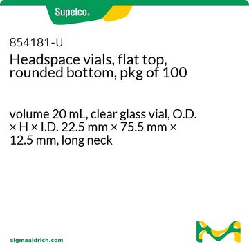 Headspace vials, flat top, rounded bottom, pkg of 100 volume 20&#160;mL, clear glass vial, O.D. × H × I.D. 22.5&#160;mm × 75.5&#160;mm × 12.5&#160;mm, long neck