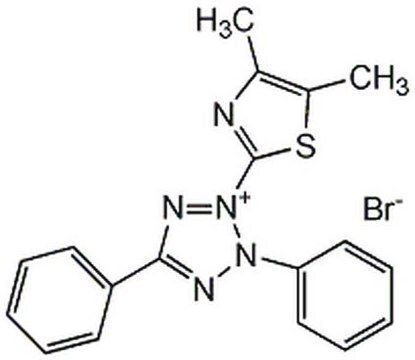 MTT Membrane-permeable yellow dye that is reduced by mitochondrial reductases in living cells to form the dark blue product, MTT-formazan.