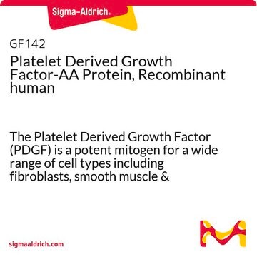 Proteína AA factor de crecimiento derivado de plaquetas, recombinante humano The Platelet Derived Growth Factor (PDGF) is a potent mitogen for a wide range of cell types including fibroblasts, smooth muscle &amp; connective tissue.