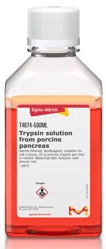 Tripsina solution from porcine pancreas sterile-filtered, BioReagent, suitable for cell culture, 25 g porcine trypsin per liter in Hanks&#8242; Balanced Salt Solution with phenol red