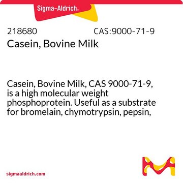 Casein, Bovine Milk Casein, Bovine Milk, CAS 9000-71-9, is a high molecular weight phosphoprotein. Useful as a substrate for bromelain, chymotrypsin, pepsin, trypsin, and other proteases.