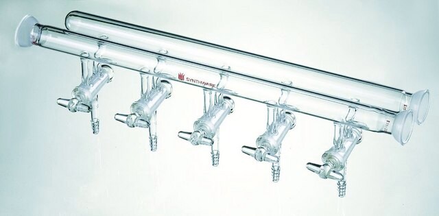 Synthware&#8482; double manifold with hollow high vacuum stopcocks and SJ 35/20 joint number of ports, 5, joint: ST/NS 35/20, Connections: front-left-right, rear-right