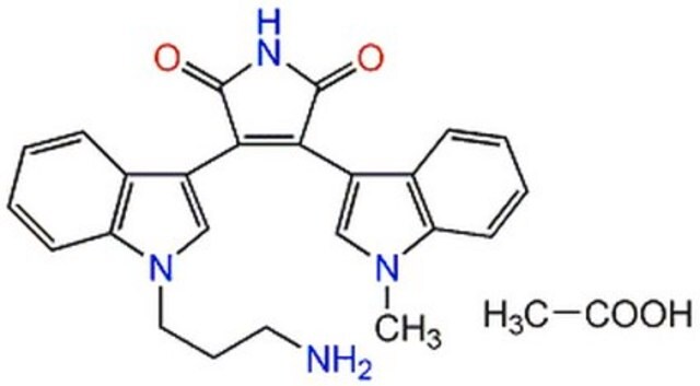 Ro-31-7549, monohydrat A cell permeable, reversible, selective protein kinase C (PKC) inhibitor (IC&#8325;&#8320; = 158 nM for rat brain PKC) that acts at the ATP binding site of PKC.