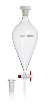 Pyrex&#174; Separating funnel, pear-shape, glass key 1000&#160;mL, glass stopper, PE stopper, pack of 1&#160;ea