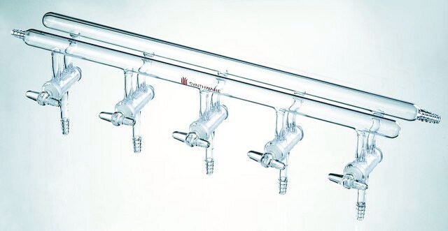 Synthware&#8482; all-glass vacuum/inert gas manifold with solid high vacuum stopcocks number of ports, 3, Hose Connections: Front-left, Rear-right