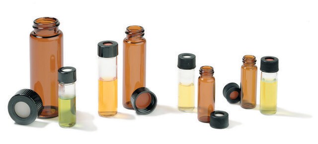 Vials, screw top with phenolic open-top cap, pre-assembled volume 4&#160;mL, clear glass vial, O.D. × H 15&#160;mm × 45&#160;mm, tan PTFE/silicone septum