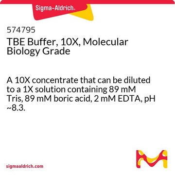 TBE 缓冲液，10X，分子生物学级 A 10X concentrate that can be diluted to a 1X solution containing 89 mM Tris, 89 mM boric acid, 2 mM EDTA, pH ~8.3.