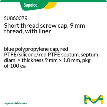 短螺纹瓶盖&#65292;9mm 螺纹&#65292;带衬垫 blue polypropylene cap, red PTFE/silicone/red PTFE septum, septum diam. × thickness 9&#160;mm × 1.0&#160;mm, pkg of 100&#160;ea