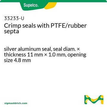 PTFE/ラバー製セプタム付きクリンプシール silver aluminum seal, seal diam. × thickness 11&#160;mm × 1.0&#160;mm, opening size 4.8&#160;mm