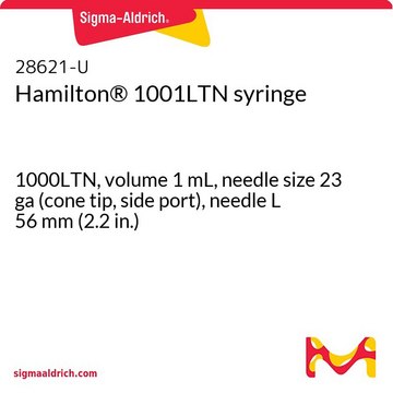 Hamilton&#174; 1001LTN syringe 1000LTN, volume 1&#160;mL, needle size 23 ga (cone tip, side port), needle L 56&#160;mm (2.2&#160;in.)