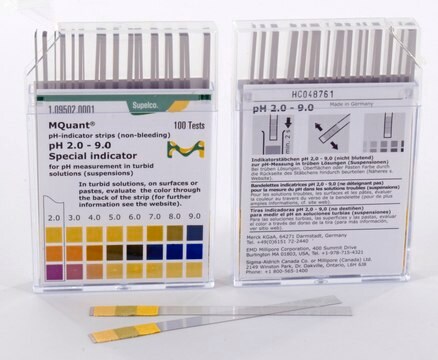 pH指示条 pH 2.0-9.0 non-bleeding, colorimetric, pH range 2.0-9.0, graduations and accuracy accuracy: 1&#160;pH unit, MQuant&#174;