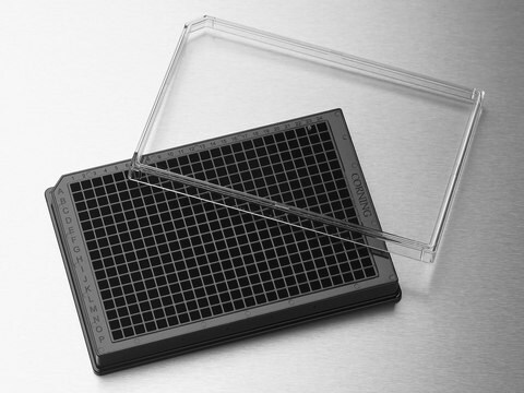 Microplaque à 384&nbsp;puits Corning&#174;, collerette basse Tissue Culture (TC)-treated surface, black polystyrene, flat bottom, sterile, lid, pack of 10