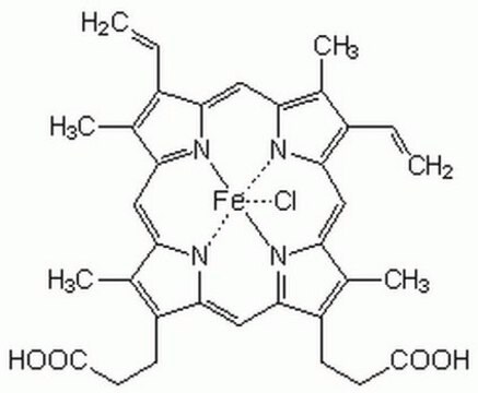 Häminchlorid Iron-containing compound of porcine origin that can induce hydrogen peroxide-dependent lipid peroxidation. Reported to increase the number and size of myotubes and the frequency of myotube contractions.