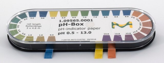 pH Box Papierowy wskaźnik pH pH 0,5 - 13,0 roll L 4.8&#160;m , with color scale, pkg of 3&#160;rolls, pH range 0.5-5.0(ACILIT&#8482;), pH range 5.5-9.0(NEUTRALIT&#8482;), pH range 9.5-13.0(ALKALIT&#8482;), MQuant&#174;