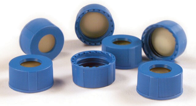 MSQ&#8482; Caps with Septa, Mass Spec Quality thread for 9 mm, natural PTFE/silicone septa (with slit), pkg of 100&#160;ea