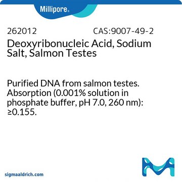 Desoxyribonukleinsäure, Natriumsalz, Lachshoden Purified DNA from salmon testes. Absorption (0.001% solution in phosphate buffer, pH 7.0, 260 nm): &#8805;0.155.