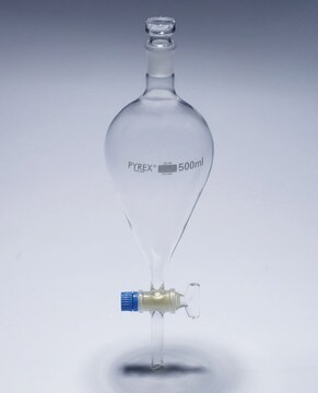 Pyrex&#174; Separating funnel, pear-shape, glass key 250&#160;mL, cone joint: ST/NS 24/29, glass stopper, PE stopper