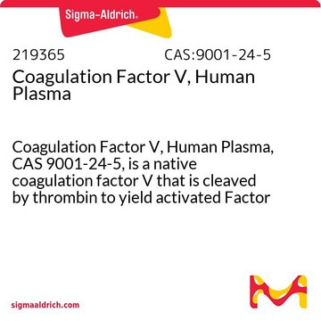 Czynnik krzepnięcia V, ludzkie osocze Coagulation Factor V, Human Plasma, CAS 9001-24-5, is a native coagulation factor V that is cleaved by thrombin to yield activated Factor Va that is 50-fold greater activity than its precursor form.