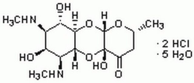 Spectinomycin, Dihydrochlorid, Pentahydrat, Streptomyces sp., CAS-Nr. 22189-32-8, Calbiochem A broad spectrum aminoglycoside antibiotic that contains two glucose moieties. Footprint studies indicate that spectinomycin exerts regional effects on ribosomal structure.