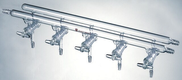 Synthware&#8482; all-glass vacuum/inert gas manifold with hollow high vacuum stopcocks port size 5, Hose Connections: Front-left, Rear-left-right