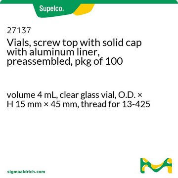 Vials, screw top with solid cap with aluminum liner, preassembled, pkg of 100 volume 4&#160;mL, clear glass vial, O.D. × H 15&#160;mm × 45&#160;mm, thread for 13-425