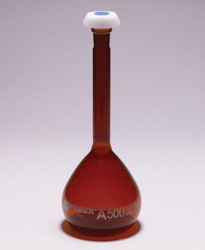 Pyrex&#174; Volumetric flask, heavy duty, class A, amber, USP/ISO/DIN tolerances, capacity 1000&#160;mL