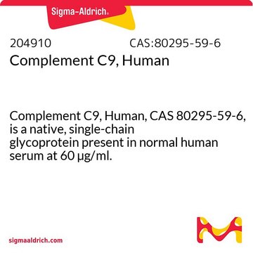 Komplement&nbsp;C9, human Complement C9, Human, CAS 80295-59-6, is a native, single-chain glycoprotein present in normal human serum at 60 &#181;g/ml.