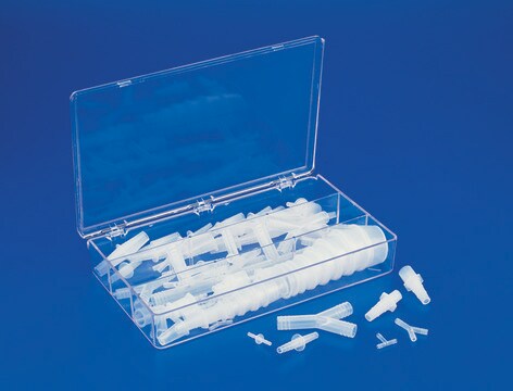 Tubing fitting assortment kit stored in a clear PS box