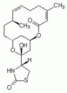 Latrunculin&nbsp;B, Latrunculia magnifica Latrunculin B, CAS 76343-94-7, is a unique marine toxin that inhibits actin polymerization and disrupts microfilament organization. It is 10 to 100-fold more potent than cytochalasins.