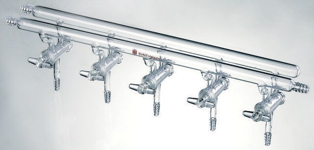 Synthware&#8482; all-glass vacuum/inert gas manifold with hollow high vacuum stopcocks number of ports, 3, Hose Connections: Front-left-right, Rear-left