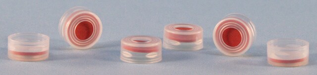 Closures for Snap Ring vials polypropylene seal, PTFE/red rubber, diam. 11&#160;mm, pkg of 100&#160;ea