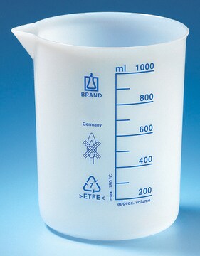 BRAND&#174; ETFE beaker with spout, low form volume 600&#160;mL, with graduation