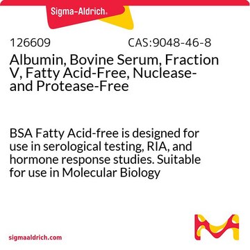 Albumina, surowica bydlęca, frakcja V, bez kwasów tłuszczowych, bez nukleaz i proteaz BSA Fatty Acid-free is designed for use in serological testing, RIA, and hormone response studies. Suitable for use in Molecular Biology applications, such as Northern and Southern blots.