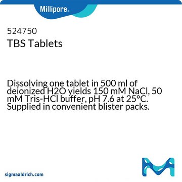 TBS Tablets Dissolving one tablet in 500 ml of deionized H2O yields 150 mM NaCl, 50 mM Tris-HCl buffer, pH 7.6 at 25&#176;C. Supplied in convenient blister packs. Note: 1 each = 10 tablets.