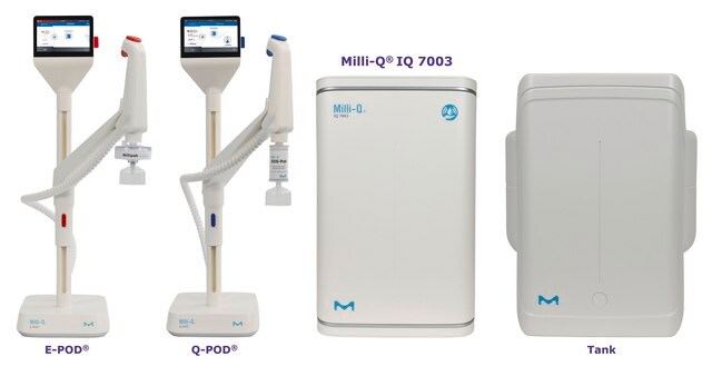 Sistema de purificación de agua ultrapura y agua purificada Milli- Q&#174; IQ 7003 Produces ultrapure (Type 1) water and pure (Type 2) water with a production flow rate of 3 L/hr from tap water feed