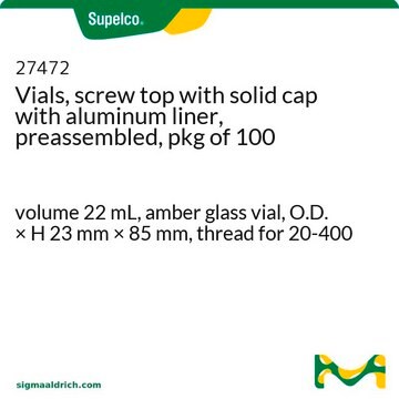 Vials, screw top with solid cap with aluminum liner, preassembled, pkg of 100 volume 22&#160;mL, amber glass vial, O.D. × H 23&#160;mm × 85&#160;mm, thread for 20-400