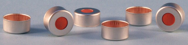 Crimp seals, 11 mm, with PTFE/rubber septa green aluminum seal, size × thickness 11&#160;mm × 1.0&#160;mm, septum (TFE/butyl/red rubber), pkg of 1000&#160;ea