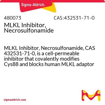 MLKL-Inhibitor, Necrosulfonamid MLKL Inhibitor, Necrosulfonamide, CAS 432531-71-0, is a cell-permeable inhibitor that covalently modifies Cys88 and blocks human MLKL adaptor function.